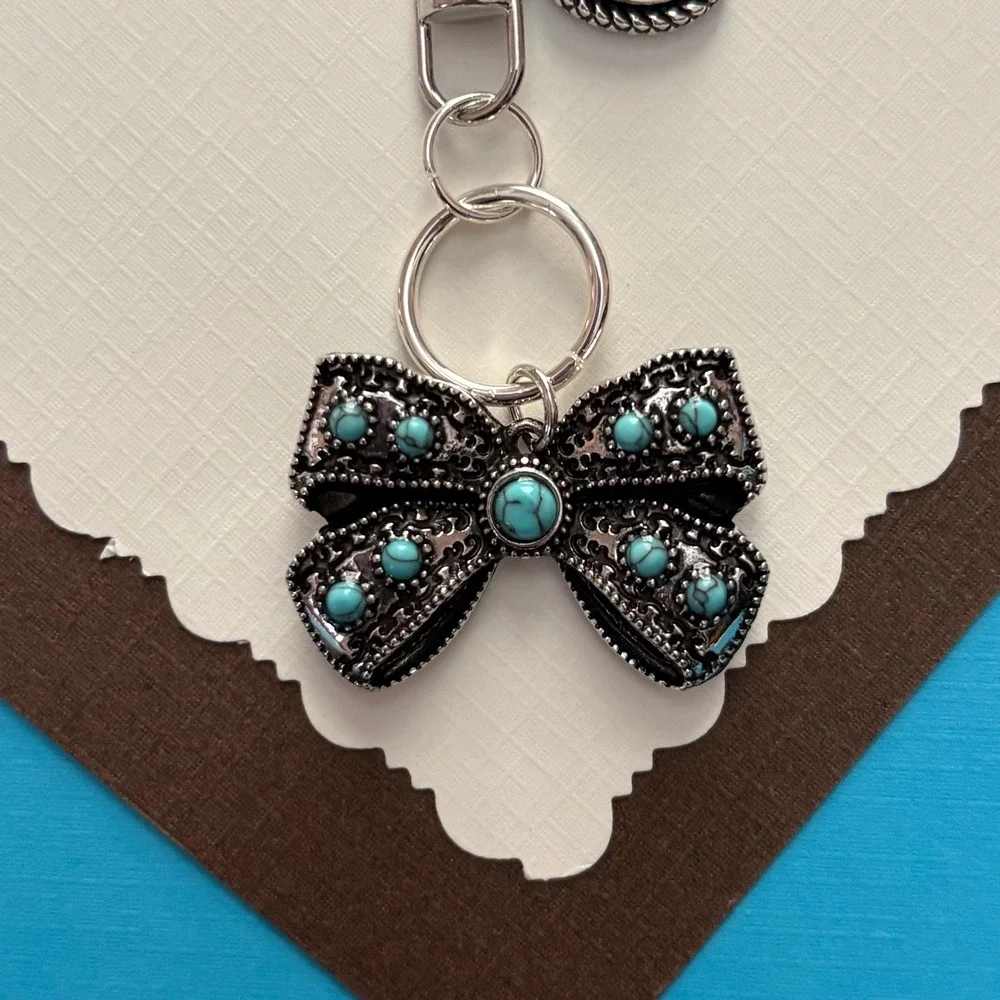 Silver Turquoise Bow Keychain Purse‎ Charm Western Cowgirl Boho Bag Accessory